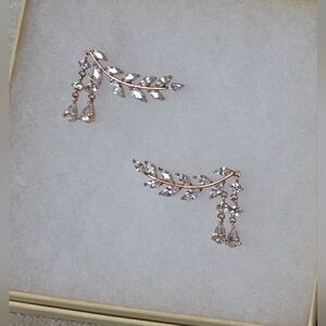 Estate Rose Gold Tone Crystal Leaf Ear Climbers with Dangling Drops